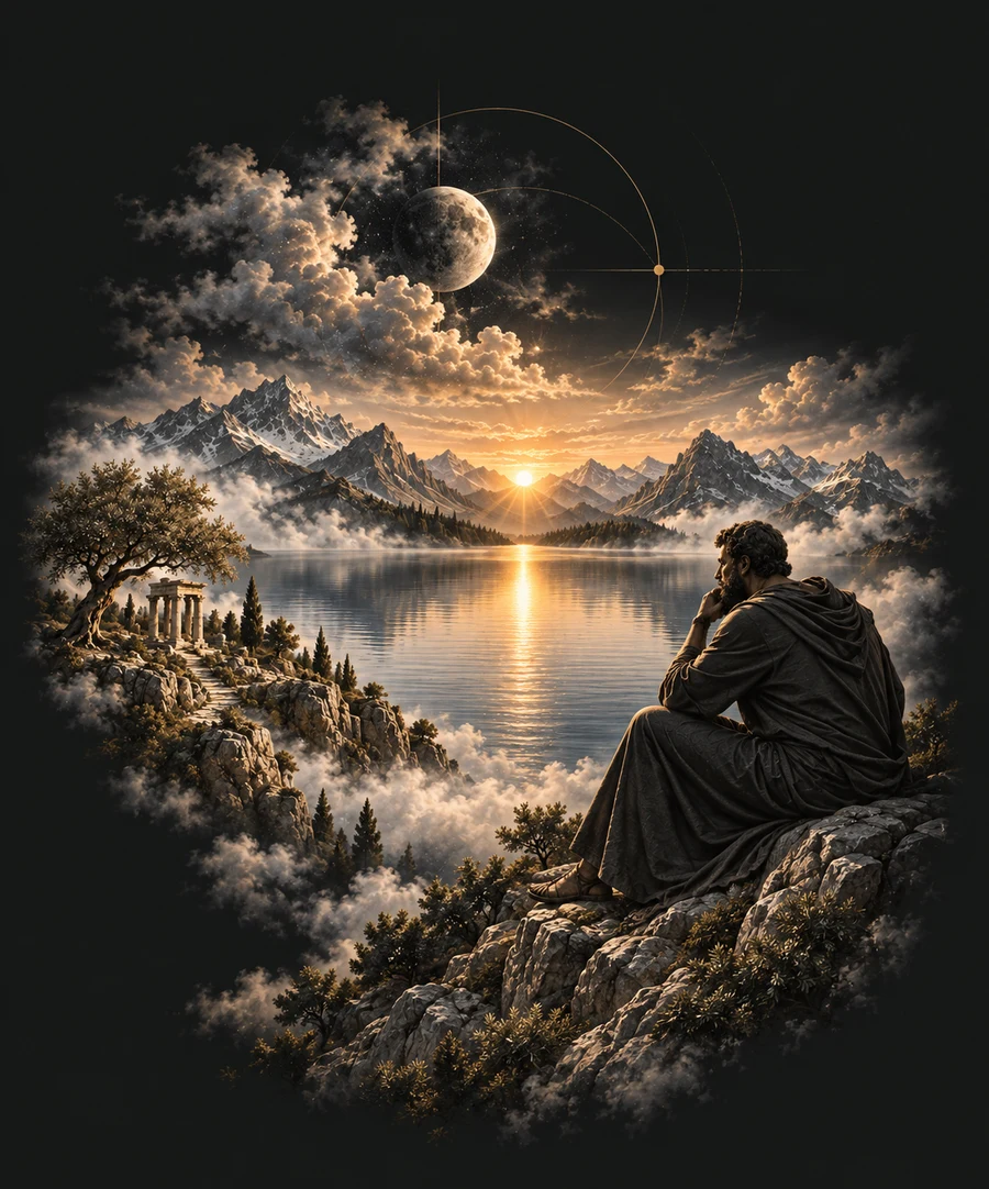 A robed philosopher overlooking a mountain lake at sunset, with an olive tree, ancient temple, moon and fine orbital lines