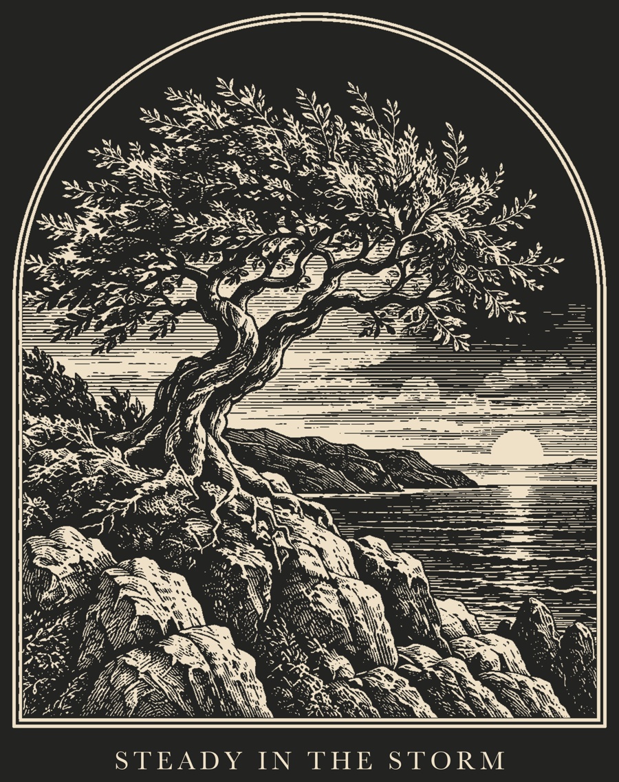 An engraved olive tree rooted on a rocky coast, under an arch, captioned Steady in the Storm