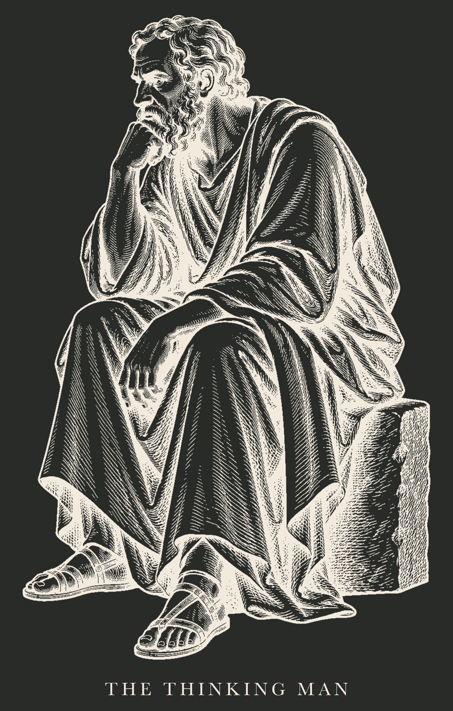 Original seated-philosopher engraving used on the satin decal